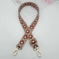 Detail of 2.5cm woven replacement bag strap with ethnic diamond pattern and gold hooks - Light Blue Wine Red Brown