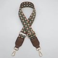 Close-up of checkered woven bag strap with brown leather ends and gold metal hooks - Dark Khaki + Dark Khaki Leather