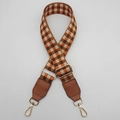 Close-up of wide braided bag strap with retro check pattern and gold metal buckles - Brown Orange + Brown Leather