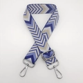 Adjustable wide woven shoulder strap with blue and purple chevron pattern and silver hooks - Klein Blue + Silver Hook