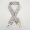Adjustable beige and white herringbone woven wide shoulder strap with gold metal clips - Dark Khaki Apricot White + Gold Hook