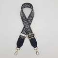 Detail of bohemian ethnic floral wide crossbody strap with gold metal hooks and leather - Black/Gray With Gold Hook