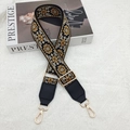 Ethnic style woven wide replacement shoulder strap with gold embroidery and metal hooks - Black Brown Rich Flower Black Leather Gold Hook
