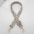 Detail of adjustable wide woven bag strap with geometric patterns and gold metal buckles - Silver Hook / Apricot Antique Pink Light Blue