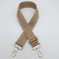 Detail of khaki adjustable bag strap with diamond pattern weaving and golden metal hooks - Camel