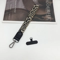 Leopard print wrist lanyard for phone with black connector patch and metal lobster clasp - Khaki Black Leather Hook + Patch