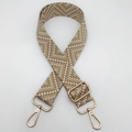 Close-up of khaki and white geometric woven strap with polished gold metal swivel hooks - Khaki / Gold