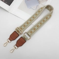 Ethnic geometric pattern adjustable shoulder strap with leather ends and gold metal clips - Beige/Green/Brown with Brown Leather