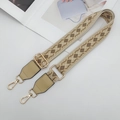 Detail of wide ethnic woven bag strap with geometric patterns and gold metal buckles - Beige/White/Khaki with Khaki Leather