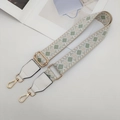 Ethnic style adjustable wide shoulder strap with green geometric pattern and gold clips - White/Matcha Green with White Leather