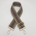 Close-up of ethnic colorful striped wide strap with polished light gold lobster clasps - Yellow-Green