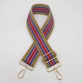 Macro shot of 5cm ethnic striped woven bag strap with adjustable gold lobster buckles - Yellow Blue