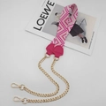 Pink and white patterned wide woven shoulder strap with gold metal lobster clasps - Rose Red with Rose Red Leather