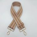 Detail of 5cm ethnic style jacquard bag strap with gold metal swivel hooks and adjuster - Tan
