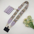 Detail view of purple braided crossbody phone strap set with small zipper pouch and gold clips - Beige Light Purple Green Gold Hook Set