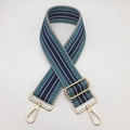 Detail of adjustable wide woven shoulder strap with ethnic pattern and gold metal hardware - Blue