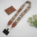 Detail of adjustable geometric strap with a brown leather coin purse and golden hooks - Beige Brown Light Green Gold Hook Set