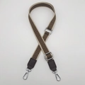 Adjustable brown geometric jacquard bag strap with silver metal hooks and PU leather ends - Coffee Webbing Coffee Leather + Silver Hook