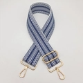 Detail view of 5cm ethnic geometric woven bag strap with golden lobster clasps - Dark Blue