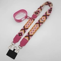 Detail view of woven geometric shoulder strap with round coin purse and metal hooks - Beige Rose Red Gold Hook Set