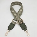 Detail of adjustable geometric strap with olive green leather ends and gold metal buckles - Army Green + Army Green Leather