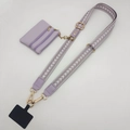 Detail of light purple phone strap with geometric pattern, gold buckles and a small wallet - Light Purple + Gold Hook