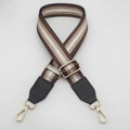 Adjustable brown and white nylon woven strap with golden metallic stripes and hooks - Gold Hook / Coffee Gold Thread + Coffee Leather