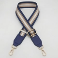 Adjustable wide replacement shoulder strap with navy blue and khaki stripes and gold clips - Gold Hook / Blue Gold Thread + Blue Leather