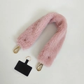 Pink faux fur plush bag strap with golden metal clasps and a black phone tether tab - Pink