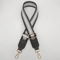 Adjustable silver striped bag strap with black leather ends and gold metal hardware - Gold Hook / Dark Gray Silver Thread + Dark Gray Leather