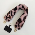 Pink leopard plush phone lanyard strap with gold spring clasps and black patch connector - Pink Leopard