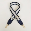 Detail of adjustable blue and silver striped bag strap with gold metal swivel hooks - Gold Hook / Blue Silver Thread + Blue Leather