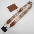 Universal crossbody strap kit with woven pattern band and brown mini coin purse - Brown and White