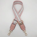 Detailed view of adjustable pink and silver glitter striped strap with golden hardware - Gold Hook / Pink Silver Thread + Pink Leather
