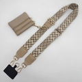 Close-up of woven wide strap with geometric patterns and a triple zipper mini pouch - Beige Khaki