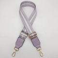 Detail of adjustable lavender nylon shoulder strap with gold hardware and stripes - Gold Hook / Light Purple Silver Thread + Light Purple Leather