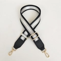 Macro detail of adjustable nylon bag strap with silver metallic stripes and gold metal hooks - Gold Hook / Black Silver Thread + Black Leather