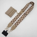 Adjustable woven phone strap in taupe with small detachable double zipper pouch - Leaf Pattern Khaki