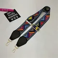 Close-up of colorful geometric woven bag strap with black leather and gold metal hooks - Width: 5.2 / Color Block Geometric (#06)