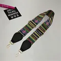 Close-up of colorful ethnic geometric woven strap with gold metal hooks and black leather - Width: 5.2 / Ethnic Multicolor Geometric (#16)