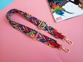 Detailed view of colorful geometric woven bag strap with golden lobster clasp and red leather - Wine Red (Red Edging Diamond Pattern)