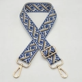 Adjustable wide jacquard bag strap with geometric patterns and golden metal buckles - Cream Base Royal Blue
