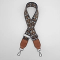 Ethnic style embroidered bag strap in brown and white with silver metal buckles - Black Base Brown Leather Silver Hook