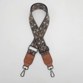 Ethnic style wide jacquard bag strap with black, gold, and white floral embroidery - Black Base Brown Leather Gunmetal Hook