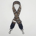 Ethnic style embroidered bag strap with black white and gold floral pattern and leather ends - Black/Black Leather With Gunmetal Hook