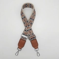 Ethnic floral embroidered wide purse strap with brown leather and silver metal clips - Beige/Blue With Silver Hook