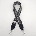 Adjustable wide replacement strap with black and white ethnic floral embroidery and silver hooks - Black/Gray With Silver Hook