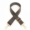 Close-up of wide nylon shoulder strap with golden metal buckle and lobster clasp - Dark Gray