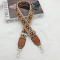 Ethnic style geometric jacquard bag strap with brown leather ends and silver metal clips - Beige/Brown With Silver Hook [Bellflower]