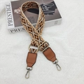 Ethnic wide bag strap with geometric embroidery, PU leather, and bronze lobster clasp - Beige/Brown With Antique Brass Hook [Bellflower]